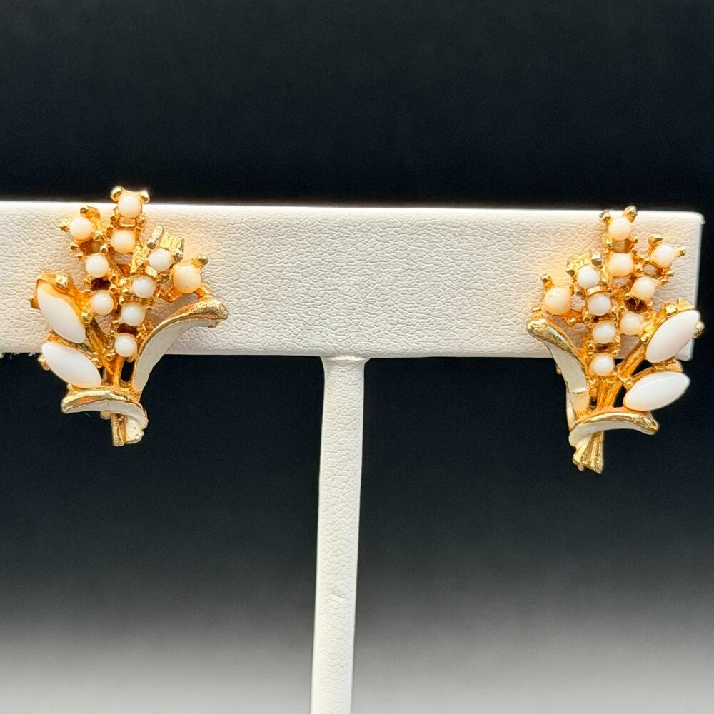 Vintage Gold Tone Floral Bouquet Clip-On Earrings with White Accents